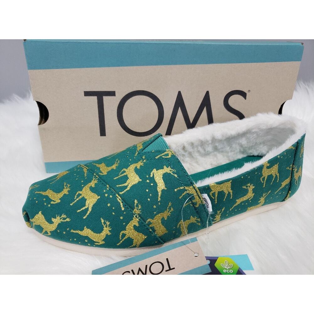 NEW Tom's Alpargata Christmas Reindeer Glitter Slip On Womens Shoes Size 7 Green